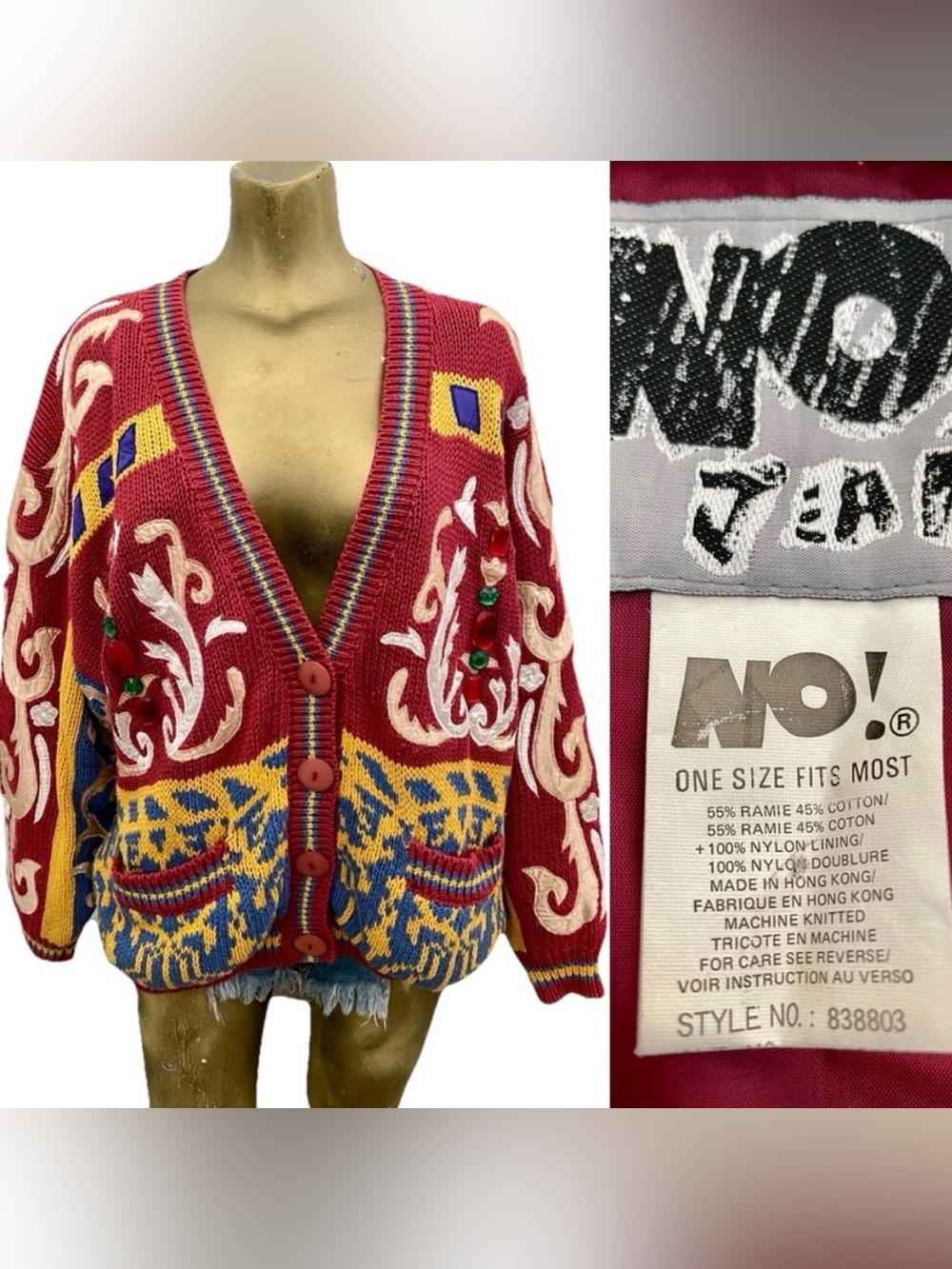 NO! JEANS Vintage 80’s CARDIGAN SWEATER With APPLIQUÉ and RHINESTONES O/S